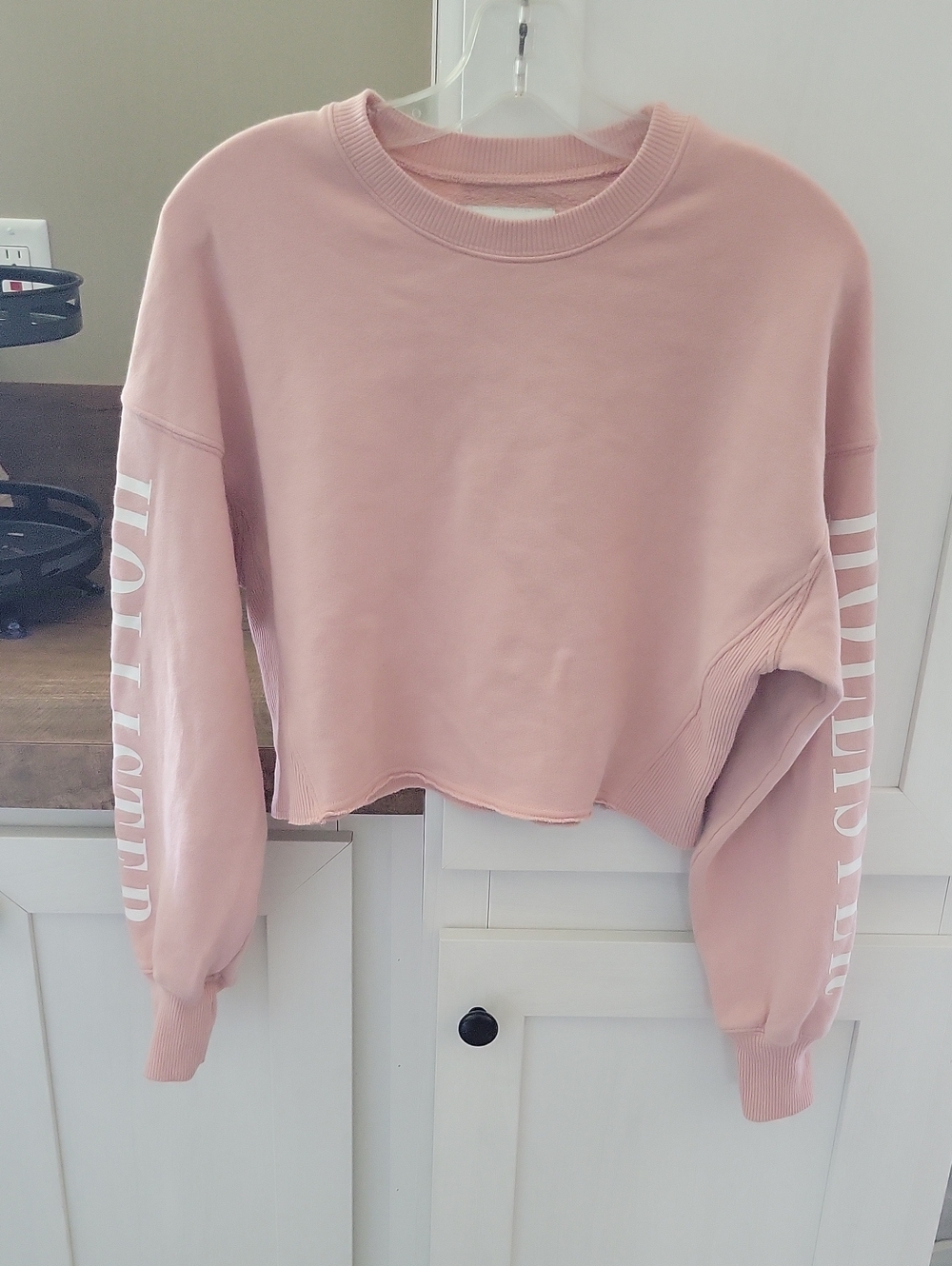 Hollister Pink Cropped Crewneck Sweatshirt with White Sleeve Print